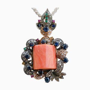Colgante de Oro rosa y Plata con Coral y Esmeraldas