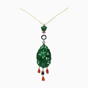 Gold and Silver Pendant Necklace with Green Agate and Red Coral