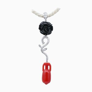 White Gold Pendant Necklace with Black and Red Coral