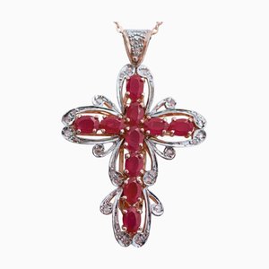 Halskette mit Kreuzanhänger aus Rubinen, Diamanten, Roségold und Silber
