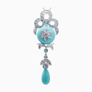Halskette mit Anhänger aus Platin mit Türkis, Aquamarin-Topas und Diamanten