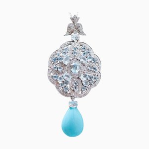 Halskette mit Anhänger aus Weißgold mit Türkis, Aquamarin-Topas und Diamanten