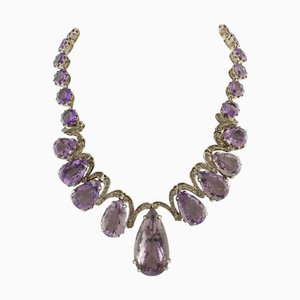 Tropfen-Halskette aus Roségold und Silber mit Amethyst und Diamanten