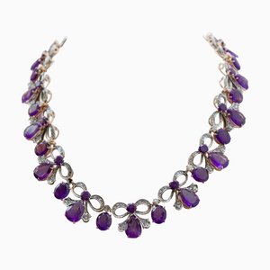 Halskette aus Roségold und Silber mit Amethysten und Diamanten