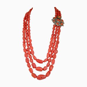 Rose Gold and Silver Necklace with Coral and Diamonds