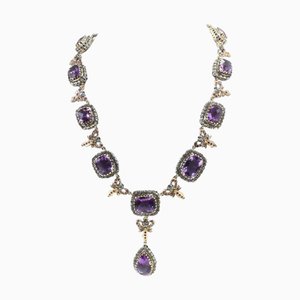 Handcrafted 14 Karat Rose Gold and Silver Drop Necklace with Diamonds and Amethysts