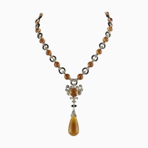 Halskette aus Roségold und Silber mit Topas, Onyx, Smaragden und Diamanten