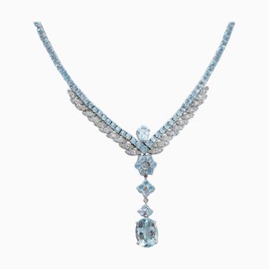 Tennis-Halskette aus Weißgold mit Aquamarin-Topas und Diamanten