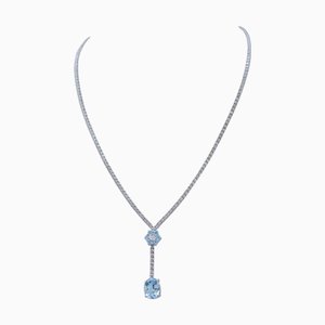 Tennis-Halskette aus Weißgold mit Aquamarin-Topas und Diamanten