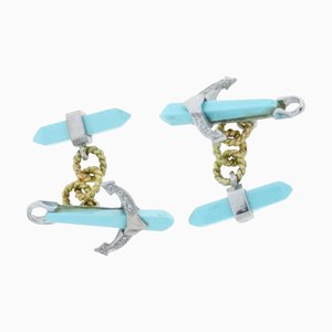 Anchor-Shaped Cufflinks in White and Yellow Gold with Diamonds and Turquoises, Set of 2