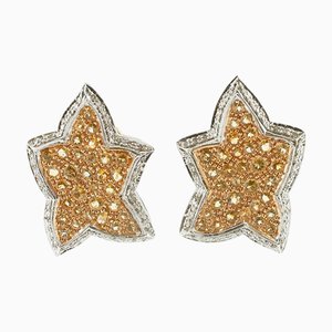 White and Yellow Gold Star Earrings with Diamonds and Yellow Topaz, Set of 2