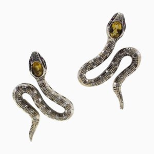 Handgefertigte Schlangenohrringe aus Gelbgold und Silber mit Diamanten und Topasen, 2 . Set