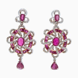White Gold and Rose Gold Earrings with Rubies and Diamonds, Set of 2