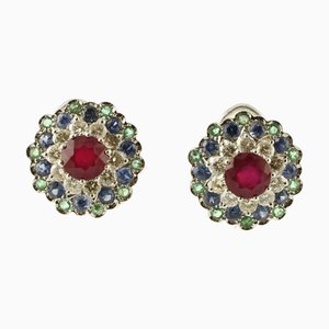 White Gold Stud Earrings with Central Rubies, Diamonds, Sapphires and Emeralds, Set of 2