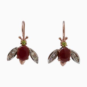 Fliegen Ohrringe aus Roségold und Silber mit Granaten, Peridots und Diamanten, 2 . Set