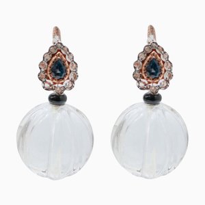 Rose Gold and Silver Earrings with Rock Crystal, Onyx, Diamonds and Sapphires, Set of 2
