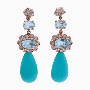 Ohrringe aus Roségold mit Türkisen, Aquamarin-Topasen und Diamanten, 2 . Set