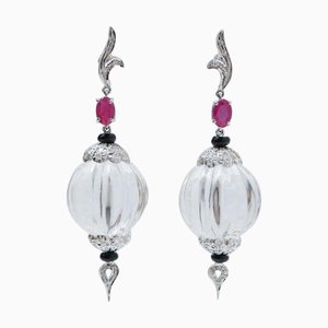 White Gold Earrings with Rock Crystal, Onyx, Rubies and Diamonds, Set of 2