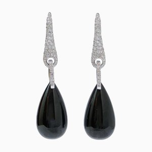 18 Karat White Gold Dangle Earrings with Onyx and Diamonds, Set of 2