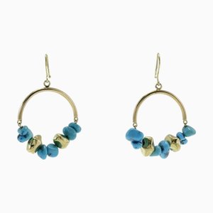 Gold Hoop Gold Earrings with Turquoises, Set of 2