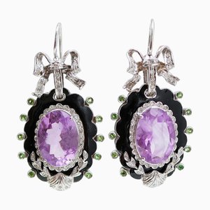 White Gold Earrings with Amethysts, Tsavorite, Diamonds and Enamel, Set of 2