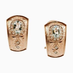 Rose Gold Earrings with Diamonds and Aquamarines, Set of 2