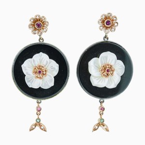 Rose Gold and Silver Earrings with Diamonds, Set of 2