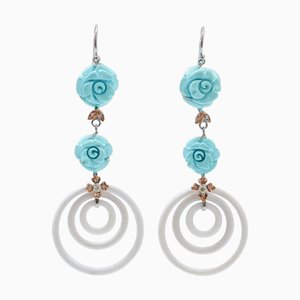 White Gold and Rose Gold Earrings with Turquoise, White Agate and Diamonds, Set of 2