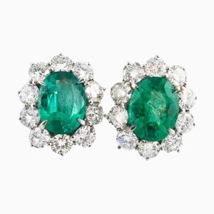 Handcrafted White Gold Clip-on Earrings with Diamonds and Emeralds, Set of 2