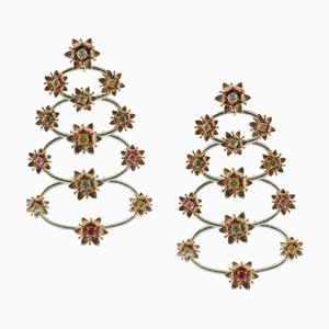 Rose and White Gold Floral Earrings with Diamonds and Sapphires, Set of 2
