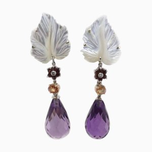 Gold Earrings with Diamonds, White Stone Leaves, Amethyst Drops and Sapphires, Set of 2