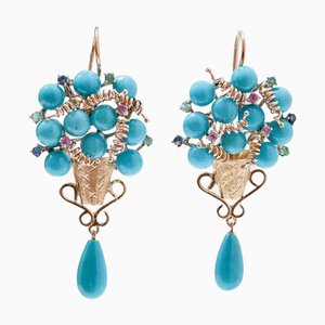 Rose Gold and Silver Earrings with Turquoise, Rubies, Emeralds and Sapphires, Set of 2