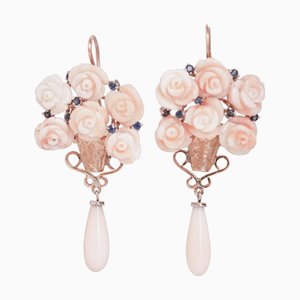 Rose Gold and Silver Earrings with Coral and Sapphires, Set of 2