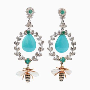 White Gold Earrings with Turquoise, White Stones, Emeralds and Diamonds, Set of 2