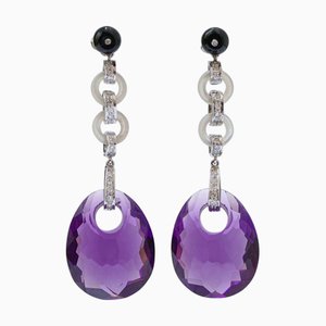 Platin Ohrringe mit Amethysten, weißen Steinen, Diamanten und Onyx, 2 . Set