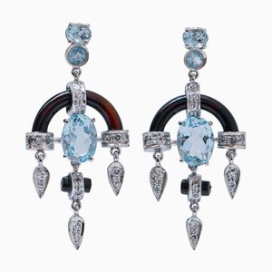 Platinum Dangle Earrings with Aquamarine Topazs, Diamonds and Onyx, Set of 2