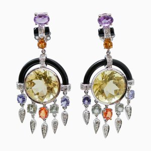 Platin Ohrringe mit Zitronenquarz, Amethysten, Topasen, Saphiren, Diamanten und Onyx, 2 . Set