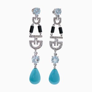 Platinum Earrings with Turquoise, Onyx, Aquamarine Topazs and Diamonds, Set of 2