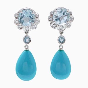 Platinum Earrings with Turquoise, Aquamarine Topazs and Diamonds, Set of 2
