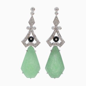 Platinum Dangle Earrings with Jade, Onyx and Diamonds, Set of 2