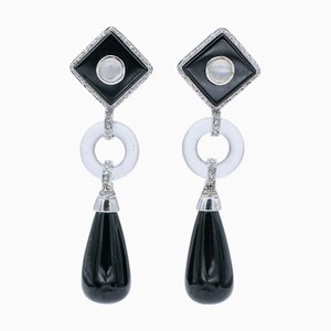 White Gold Dangle Earrings with Onyx, Rock Crystal, Moonlight Stones and Diamonds, Set of 2
