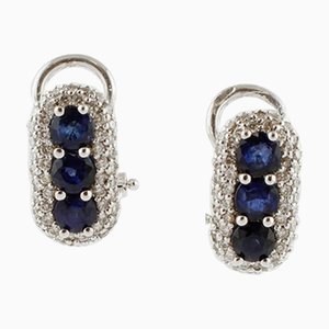 18 Karat White Gold Earrings with Diamonds and Blue Sapphires, Set of 2