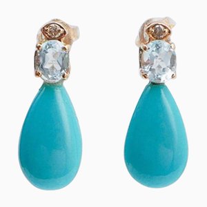 Rose Gold Earrings with Aquamarine Topazs, Turquoises and Diamonds, Set of 2