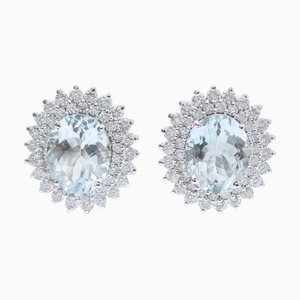 18 Karat White Gold Earrings with Aquamarines and Diamonds, Set of 2