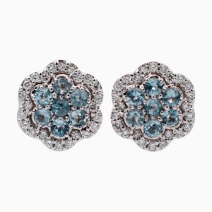 18 Karat White Gold Flower Earrings with Aquamarines and Diamonds, Set of 2