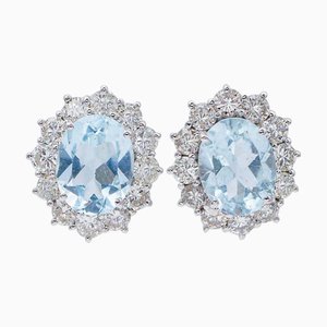 18 Karat White Gold Earrings with Aquamarine and Diamonds, Set of 2