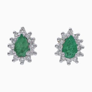 18 Karat White Gold Stud Earrings with Emeralds and Diamonds, Set of 2
