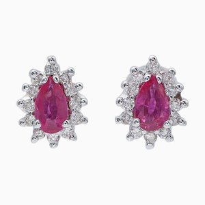 Rubies, Diamonds, 18 Karat White Gold Modern Earrings with Diamonds, Set of 2