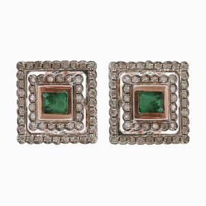 Emeralds, Diamonds, Rose Gold and Silver Earrings, Set of 2