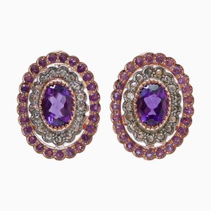 Amethysts, Diamonds, Rose Gold and Silver Earrings, Set of 2